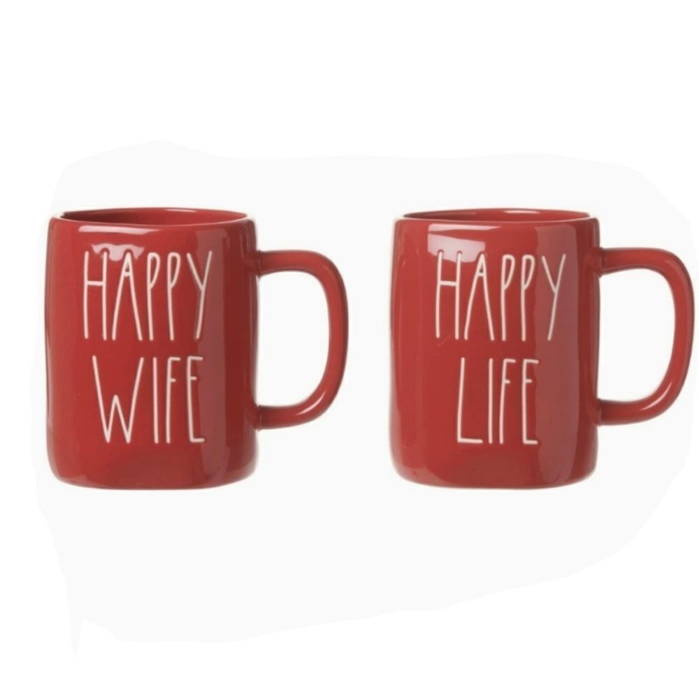 Rae Dunn x 2 Red Large Mugs HAPPY WIFE HAPPY LIFE NEW